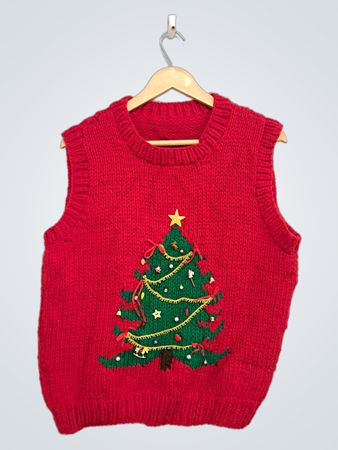 Rotes gestricktes Weihnachtsbaum-Weste
