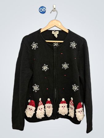 Classic Elements Petite Schwarze Weihnachts-Santa-Schneeflocken-Strickjacke
