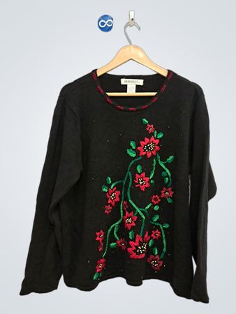 ARRIVISTE Women's Black Floral Embroidered Long Sleeve Sweater
