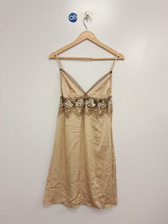 gold slip dress with lace trim