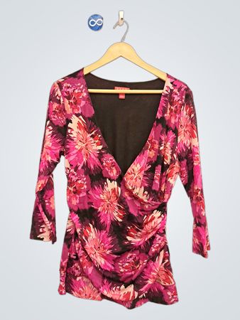 ELLE Women's Floral Print gerafftes V-Ausschnitt 3/4-Arm Top