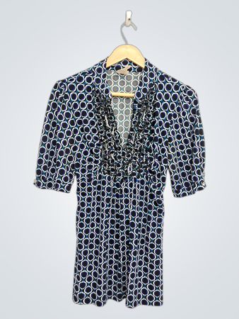 Heart Soul Damen Blaues Geometrisches Muster Rüschenbluse