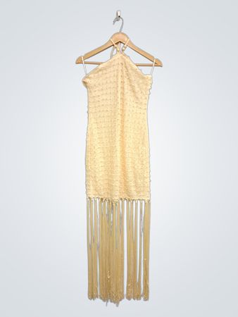 Gelbes Kleid mit Fransensaum und Neckholderverschluss