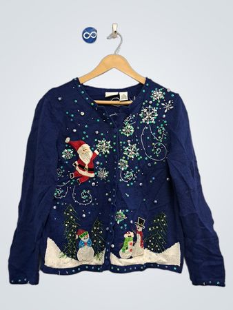 KIM ROGERS PETITE Blauer Weihnachtspullover mit Schneemännern und Santa