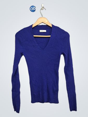 Nine West Blau gerippter V-Ausschnitt Langarm-Pullover