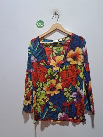 Chico's Damen Oberteil mit Blumenmuster, 100% Seide, Langarm, Größe 1
