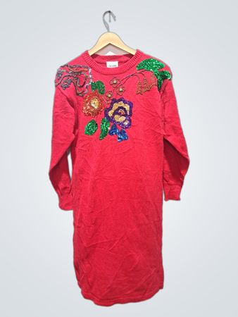 Mister Noah Roter Pailletten-Blumenstrickpulloverkleid