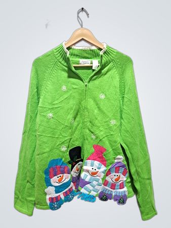 Jennifer Lauren Green Snowman Zip-Up Pullover