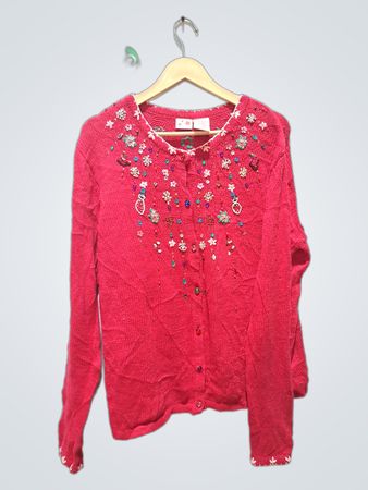 Roter, mit Perlen verzierter Cardigan mit Blumenmuster