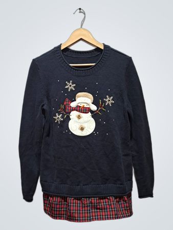 Marineblauer Pullover mit Schneemann-Applikation und Karobesatz