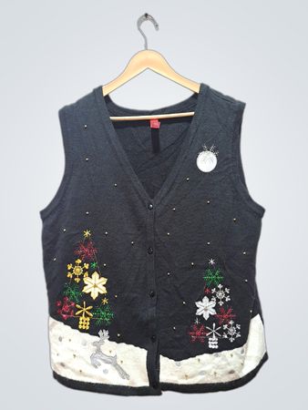 Schwarze ärmellose Weihnachts-Strickweste mit Tannen und Rentieren