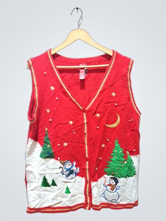 Rotes ärmelloses Weihnachtsstrickweste mit Schneemann- und Weihnachtsbaumstickerei