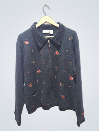 Croft & Barrow Damen schwarzer bestickter Reißverschluss-Pullover