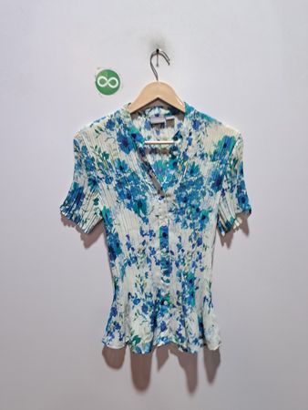 Laura Scott Damen Blaues Blumenmuster Falten Tier Kurzarmbluse
