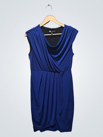 Carole Little Blaues Kleid mit Cap-Ärmeln und Wasserfallausschnitt