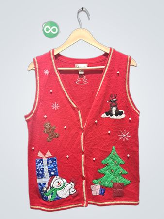 Rote Weihnachtsweste mit Schneemann-, Lebkuchenmann-, Geschenk- und Weihnachtsbaum-Applikationen