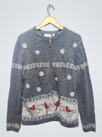 Croft & Barrow Damen Strickjacke mit Reißverschluss vorne und Kardinal- & Schneeflockenmuster
