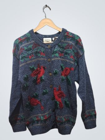 Northern Treasures Blaue Strickjacke mit Kardinal- und Blumenmuster