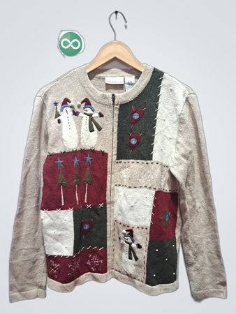 Croft & Barrow Damen Patchwork-Schneemann-Weihnachtspullover