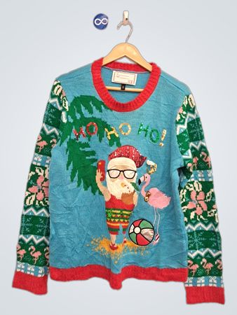 Hässlicher Weihnachtspullover mit Weihnachtsmann und Flamingos