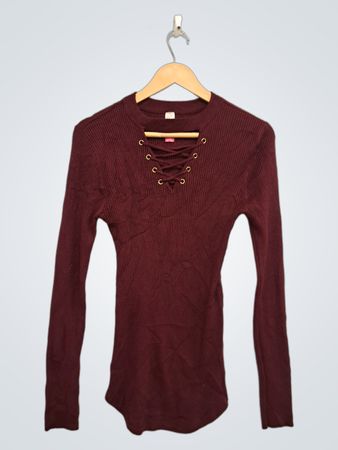 No Boundaries Damen Rippen-Strick Schnür-Longsleeve-Shirt
