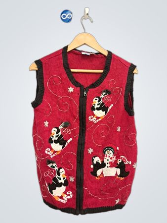 Rotes ärmelloses Weste mit Pinguin- und Schneemann-Applikation