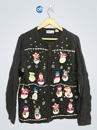 Schwarzer Schneemann bestickter Reißverschluss-Cardigan