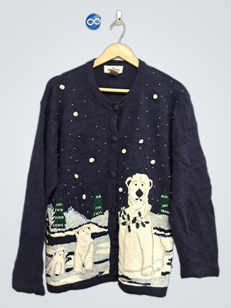 Marineblauer Cardigan mit Stickerei eines Eisbären und Winterlandschafts