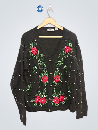 Schwarzer, mit Perlen verzierter Weihnachtsstern-Cardigan