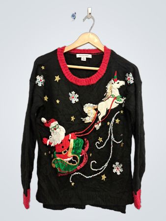 99 Jane Street hässlicher Weihnachtspullover mit Weihnachtsmann und Einhorn