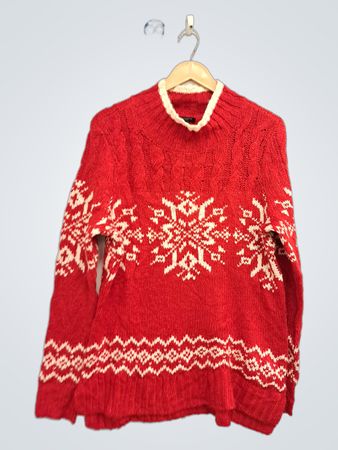 Talbots Petite Roter Schneeflocken-Fair-Isle-Stehkragenpullover