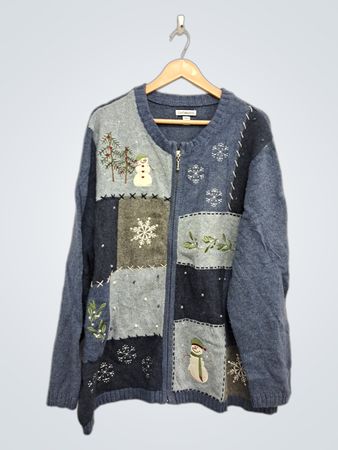 Croft & Barrow Damen Patchwork-Schneemann- und Schneeflocken-Reißverschluss-Cardigan