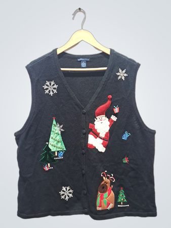 Westbound Woman Schwarze Weihnachtsweste mit Applikationen von Weihnachtsmann, Rentier und Weihnachtsbaum
