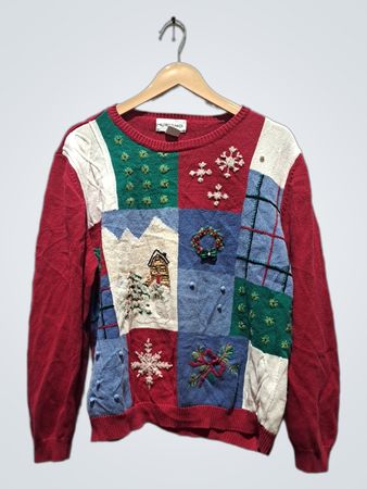 Alfred Dunner Women's Christmas Patchwork Sweater XL 55% Ramie 45% Cotton