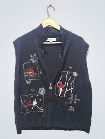 Southern Lady schwarzes ärmelloses Mock-Neck-Reißverschluss-Weste mit Kardinal- und Schneeflocken-Stickerei