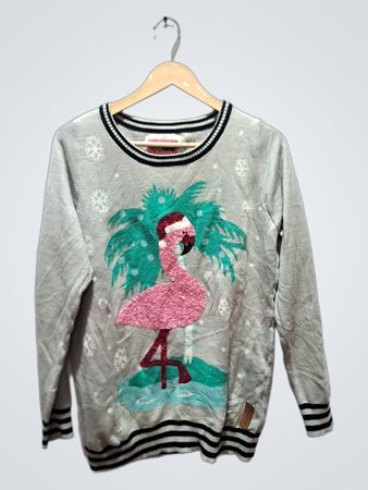 Tipsy Elves grauer Flamingo-Weihnachtspullover