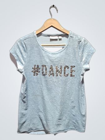 Hellblaues Samt-#Dance-Pailletten-T-Shirt