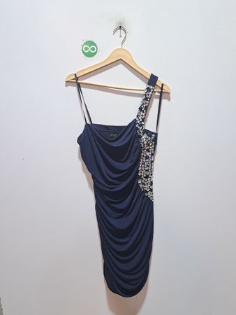 Navy-kleid mit Raffungen, asymmetrischer Schulterpartie und Verzierungen