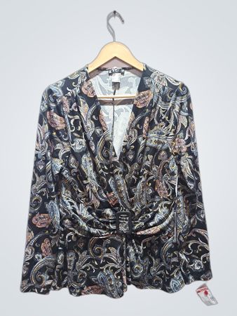 VENUS Women's Paisley Print geraffte Vorderseite Langarm V-Ausschnitt Bluse