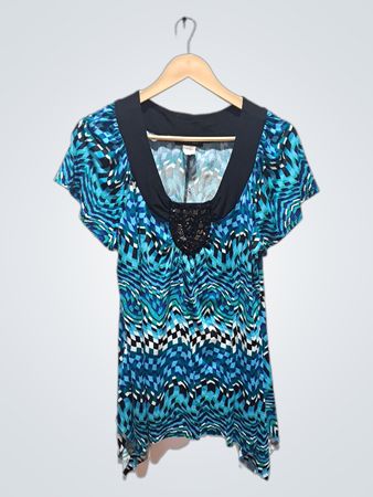 Jennie & Marie Damen Top mit kurzem Arm in Blau mit geometrischem Muster