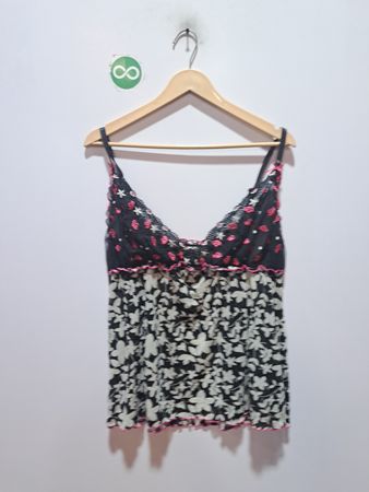 Schwarz-weißes florales Camisole mit rosa Besatz