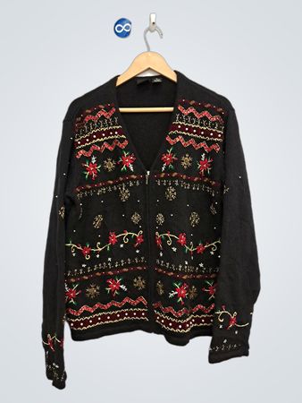 ERIKA Damen schwarzer Bestickter Weihnachtsstrickjacke