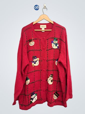 LEMON GRASS Women's Roter Schneemann-Pailletten-Cardigan