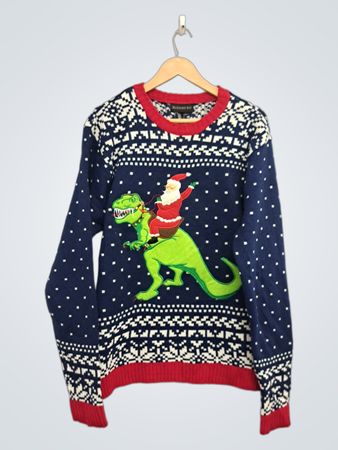 Blizzard Bay Santa Riding Dinosaur Ugly Christmas Sweater