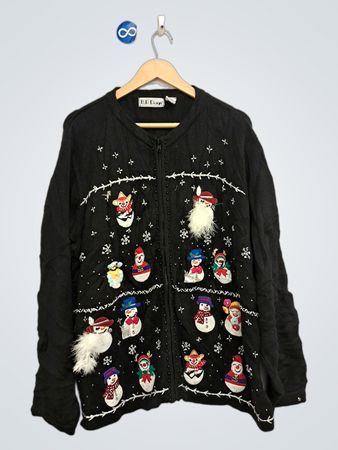 Schwarze Reißverschluss-Strickjacke mit Schneemann- und Cowboy-Schneemann-Applikationen