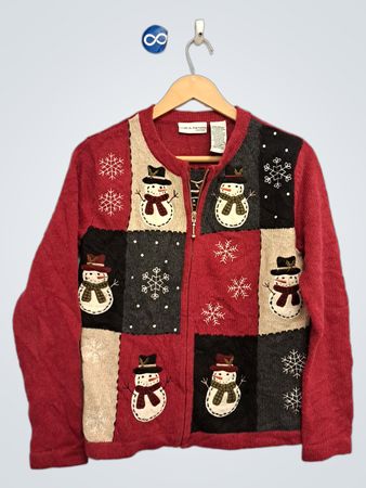 Croft & Barrow Petite Schneemann-Patchwork-Reißverschluss-Strickjacke