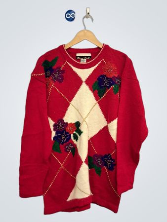 Dana Scott Rotes Rautenmuster Blumig Perlenbesetzter Pullover