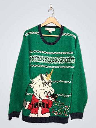 JollySweaters Grüner Einhorn-Santa Hässlicher Weihnachts-Pullover
