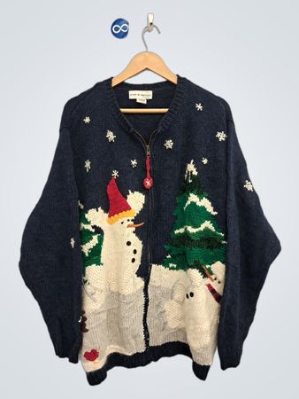 Croft & Barrow Woman Navy Blue Schneemann & Weihnachtsbaum Hässlicher Weihnachtspullover