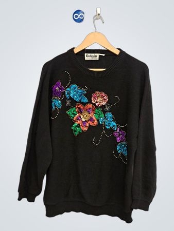 Schwarzer Rundhalspullover mit Blumen-Pailletten